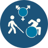 icon with transgender symbol, mobile wheelchair user, blind cane user