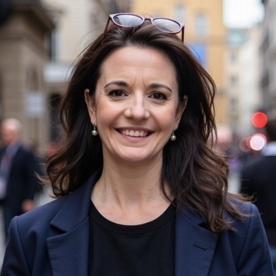 white woman in her 40s with long dark wavy hair, smiles wearing blazer with tee shirt in Soho with glasses on top of her head