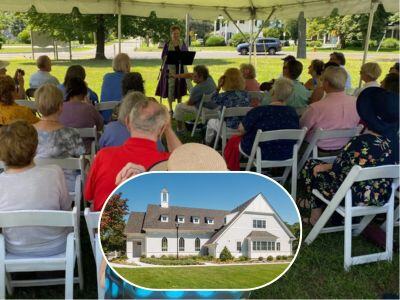 Members of Unitarian Universalists of Southold gather outside for worship service